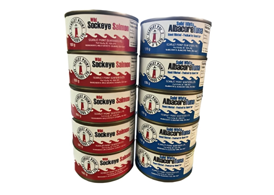 Stacked cans of salmon and tuna.